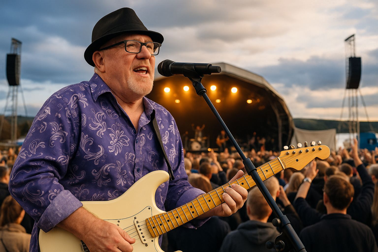 Engaged crowd at a blues concert, hands raised, enjoying live music.